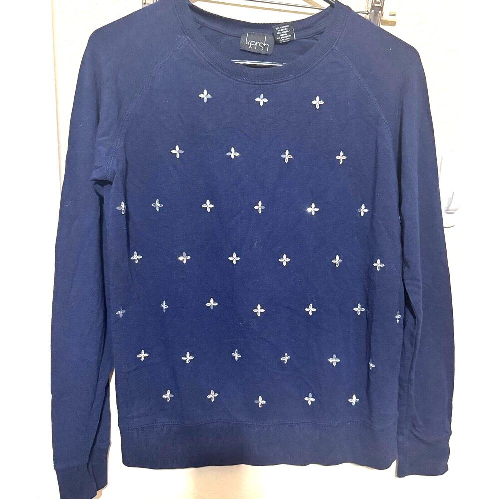Kersh Rhinestone floral Sweater navy blue Long Sleeve Womens S cotton modal soft